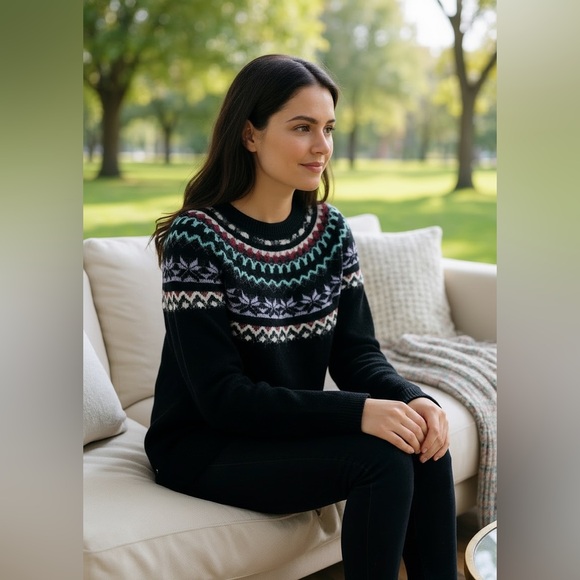 Eddie Bauer Sweaters - Eddie Bauer Fair Isle Sweater Womens M Medium Black Nordic Winter Pullover
